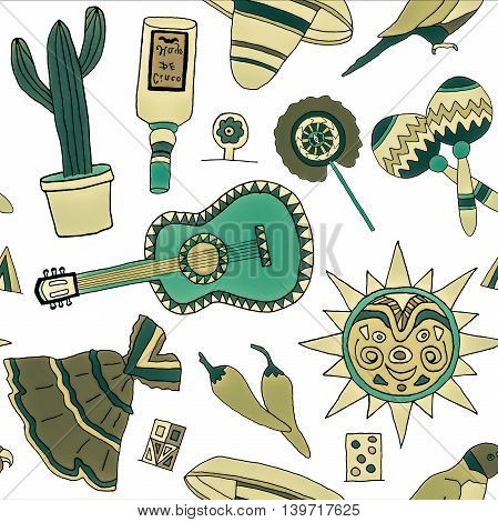 Seamless pattern with hand drawn mexican elements. Perfect background for your design. Travel to Mexico texture.