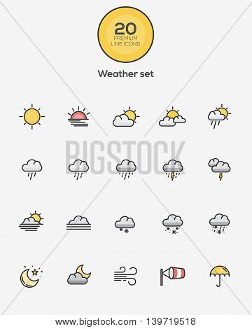 Set of Flat Line Color Weather icons. Vector