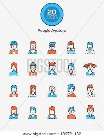Set of flat line design people icon avatars for social network and your design. Vector Illustration