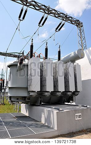 Modern big voltage transformers at the substation
