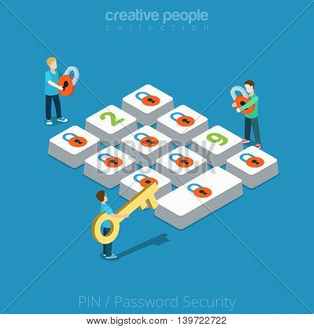 Flat isometric man lock button vector Security Password PIN 3d