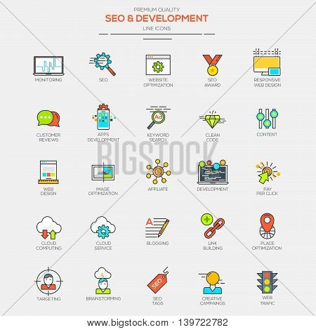 Flat Line Modern Color icons for Seo and Development. Vector