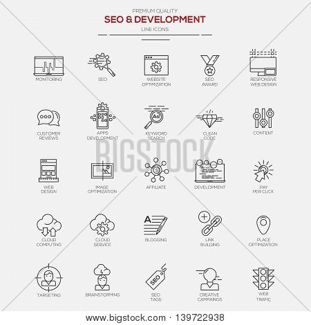 Flat Line Modern icons for Seo and Development. Vector