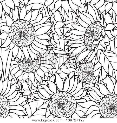 Seamless Sunflowers bouquet. Vector. Coloring book page for adults. Hand drawn artwork. Love bohemia concept for wedding invitation, card, ticket, branding, logo, label. Gift for girl, women. Black and white