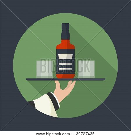 Waiter with whiskey bottle and two glasses and tray on outstretched arm. Drinks Service icon with long shadow. Simple flat vector.
