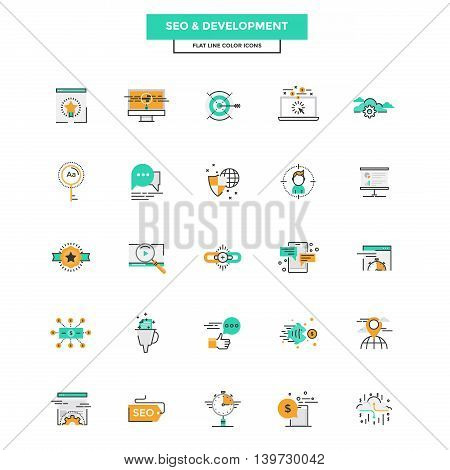 Set of Modern Flat Line icon Concept of Seo Development Management Online Marketing Research and Analysis use in Web Project and Applications. Vector Illustration