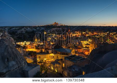 Goreme town in the night in Cappadocia Central AnatoliaTurkey