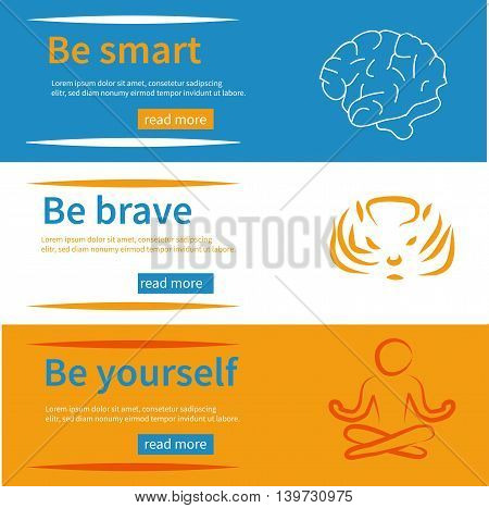 Horizontal banners set with texts be yourself be brave be smart symbols and frame