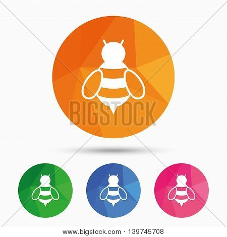 Bee sign icon. Honeybee or apis with wings symbol. Flying insect. Triangular low poly button with flat icon. Vector