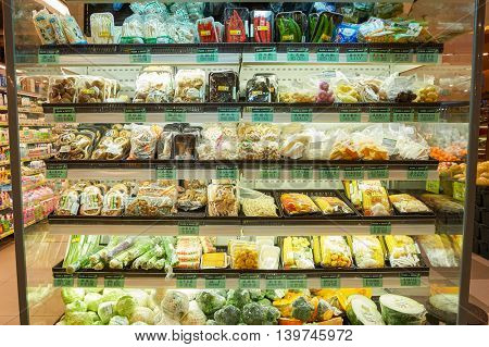 MACAO, CHINA - FEBRUARY 17, 2016: inside of a food store in Macao. Macao is an autonomous territory on the western side of the Pearl River Delta, China.