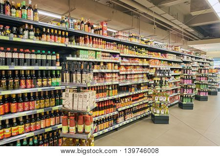 MACAO, CHINA - FEBRUARY 17, 2016: inside of a food store in Macao. Macao is an autonomous territory on the western side of the Pearl River Delta, China.