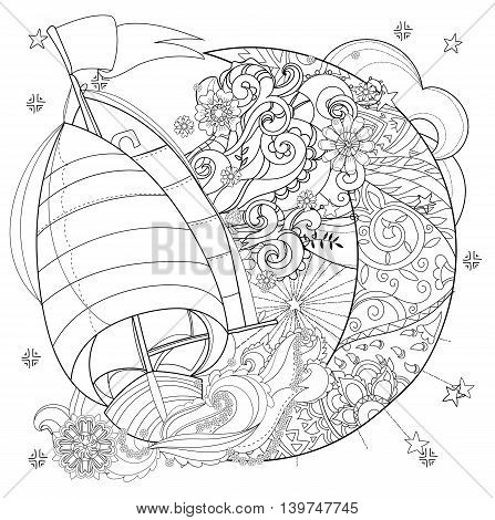Cute boat, ship on christmas half moon with stars and flowers. Hand drawn doodle zen art.Adult anti stress coloring book or tattoo boho style.