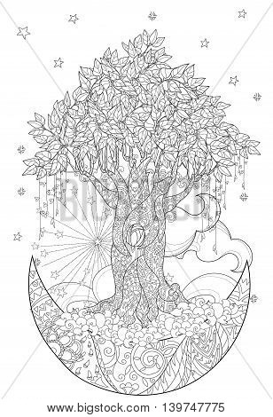 Cute fairy tale tree from magic forest on christmas half moon with stars and flowers. Hand drawn doodle zen art.Adult anti stress coloring book or tattoo boho style.
