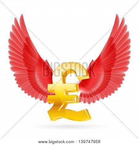 Golden Great Britain pound symbol with red wings
