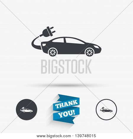 Electric car sign icon. Sedan saloon symbol. Electric vehicle transport. Flat icons. Buttons with icons. Thank you ribbon. Vector