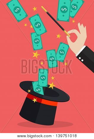 Business hand with money flying out of the magic hat. Business concept
