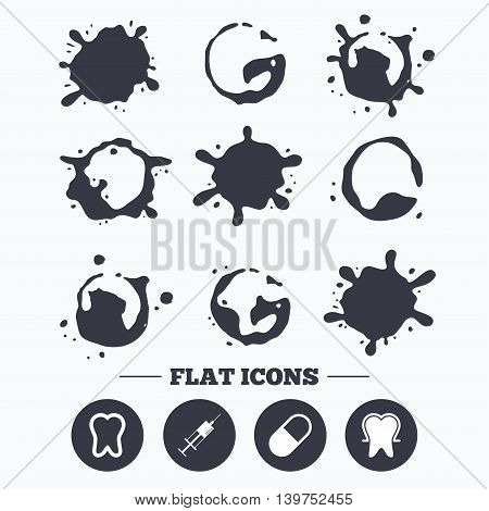 Paint, coffee or milk splash blots. Tooth enamel protection icons. Medical syringe and pill signs. Medicine injection symbol. Smudges splashes drops. Vector