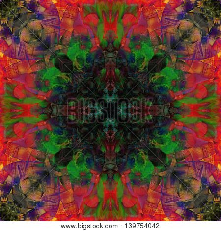 An Amazing Colorful Background Made Of Scarlet Macaw Parrot Bird Feathers, Exotic Texture