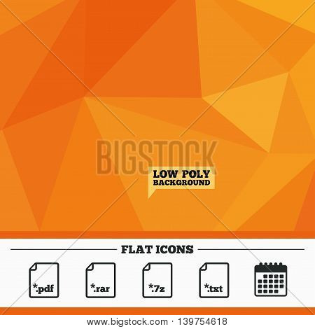 Triangular low poly orange background. Download document icons. File extensions symbols. PDF, RAR, 7z and TXT signs. Calendar flat icon. Vector