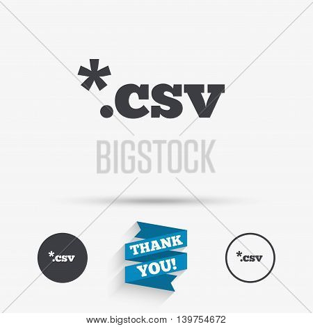 File document icon. Download tabular data file button. CSV file extension symbol. Flat icons. Buttons with icons. Thank you ribbon. Vector