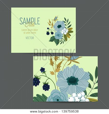 Flowers invitation design template to celebration on business card with flower decoration vector illustration. Vintage flowers in modern style. Flowers card for romantic and wedding design. Greeting cards. Flowers background. Business card with flowers.