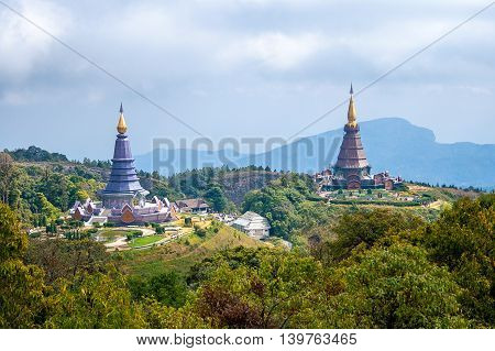 Landscape of two pagoda on Inthanon mountain Chiang Mai Thailand.