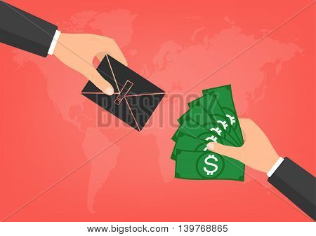 Hacker have a blackmail ransom latter request money for paying importance data form businessman with banknote on world map background. Vector illustration technology data privacy and security concept.