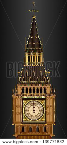 A detailed illustration of the Big Ben clock face about to strike midnight