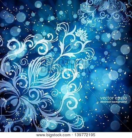 Abstract floral pattern on a blue background, made of transparent rays, stars, bokeh. Magical fantasy flowers design card.  Vector illustration.
