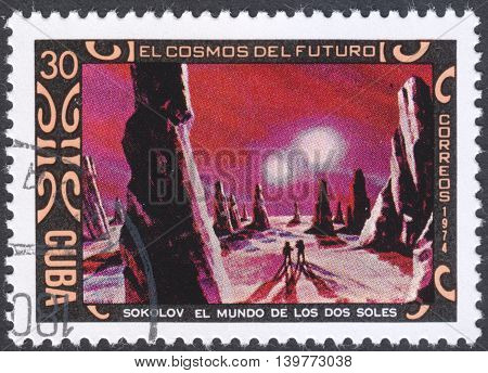 MOSCOW RUSSIA - CIRCA JANUARY 2016: a post stamp printed in CUBA shows futurisric cosmic scenery the series "Cosmonautics Day - Science Fiction Paintings by A. Sokolov" circa 1974