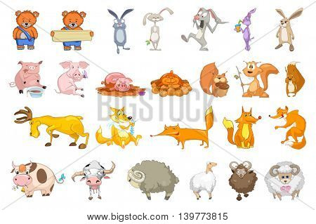 Set of animals illustrations. Collection of forest and domestic animals. Set of comic bears, rabbits, squirrels, pigs, sheeps, foxes, cows, deer. Vector illustration isolated on white background.