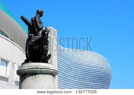 BIRMINGHAM, UNITED KINGDOM - JUNE 6, 2016 - View of the Selfridges building in the Bullring with a statue of Nelson in the foreground Birmingham England UK Western Europe, June 6, 2016.