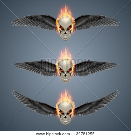 Set of mutant skulls with long fangs orange flame and black wings