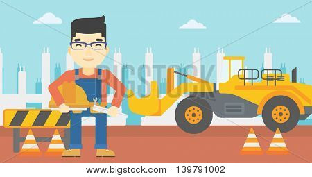 An asian engineer with a blueprint at construction site. Man holding a twisted blueprint and hard hat. Man checking construction works. Vector flat design illustration. Horizontal layout.