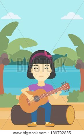 An asian happy musician sitting on log and playing an acoustic guitar. Woman practicing in playing guitar. Guitarist playing on the beach. Vector flat design illustration. Vertical layout.
