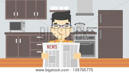 An asian happy man reading the newspaper. Young smiling man reading good news. Man with newspaper in hands on the background of kitchen. Vector flat design illustration. Horizontal layout.