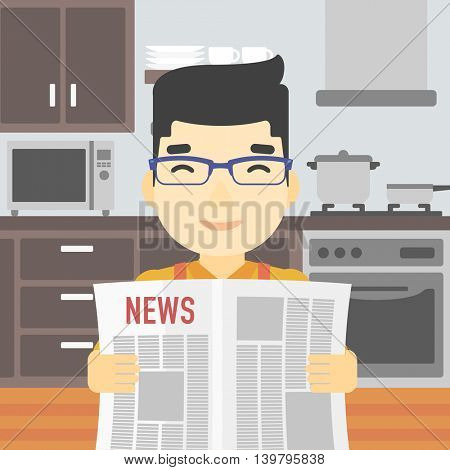 An asian happy man reading the newspaper. Young smiling man reading good news. Man with newspaper in hands on the background of kitchen. Vector flat design illustration. Square layout.