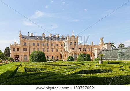 LEDNICE CZECH REPUBLIC - MAY 29 2016: Lednice Palace (17th c.) in Czech Republic former seat of the princes of Liechtenstein. Current view since 1858 architect Georg Wingelmuller. UNESCO site