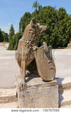 LEDNICE CZECH REPUBLIC - MAY 29 2016: Sculpture of a wolf with the heraldic shield in Lednice Palace (17th c.) in Czech Republic. UNESCO site