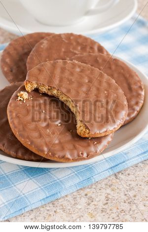 Milk chocolate covered digestive sweetmeal or wholemeal biscuits