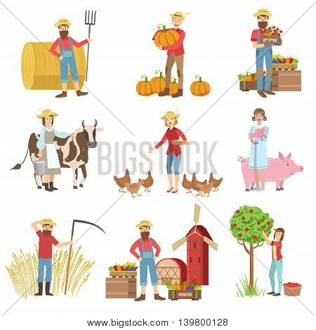 Farmers And Their Products Set Of Simple Childish Flat Colorful Illustrations On White Background