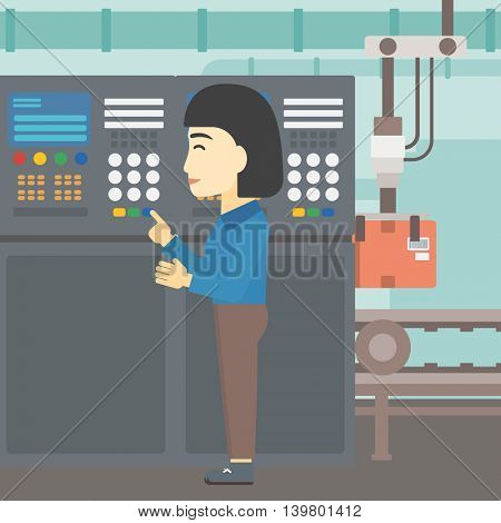 An asian woman working on control panel. Woman pressing button at control panel in plant. Engineer standing in front of the control panel. Vector flat design illustration. Square layout.