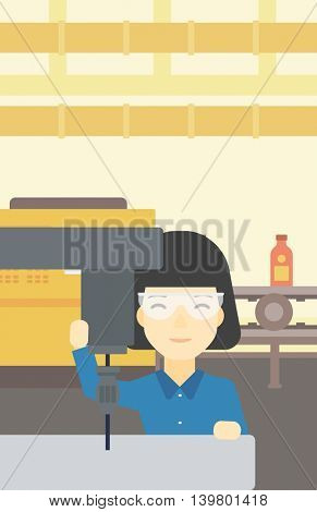 An asian woman working on milling machine at workshop. Woman using milling machine at factory. Woman making a hole using a milling machine. Vector flat design illustration. Vertical layout.