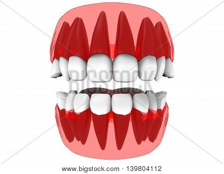 3d illustration of opened gum with teeth and tongue. icon for game web. white background isolated. colored and cute. anatomy part of the mouth.