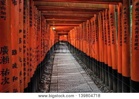Kyoto - July 2016: Red Torii gates at Fushimi Inari Shrine.