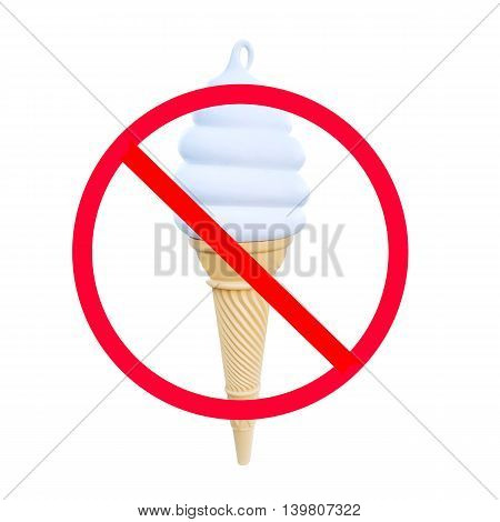 The red circle with slash on ice cream cone isolated on white background ; Concept for dieting to lose weight.