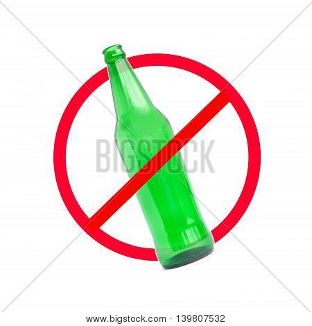 The red circle with slash on the glass bottle of alcohol on white background; concept for stop drinking.