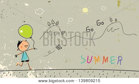 Summer vacation for kids at school. Chalk on blackboard sketch, doodle. Vector illustration. 