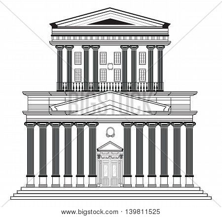 Vector architectural facade. Wire frame blueprint drawing of classic building. Vector architectural template background