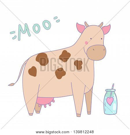 Cute illustration of cow cartoon with milk bottle